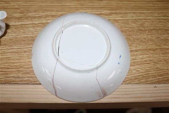 A Worcester Mansfield pattern butter boat, a Vauxhall saucer, a Liverpool sauceboat and a New Hall cream boat, damage (4)